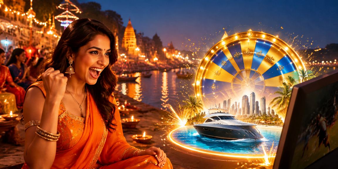 Varanasi river ghat casino roulette theme with blue and gold lights